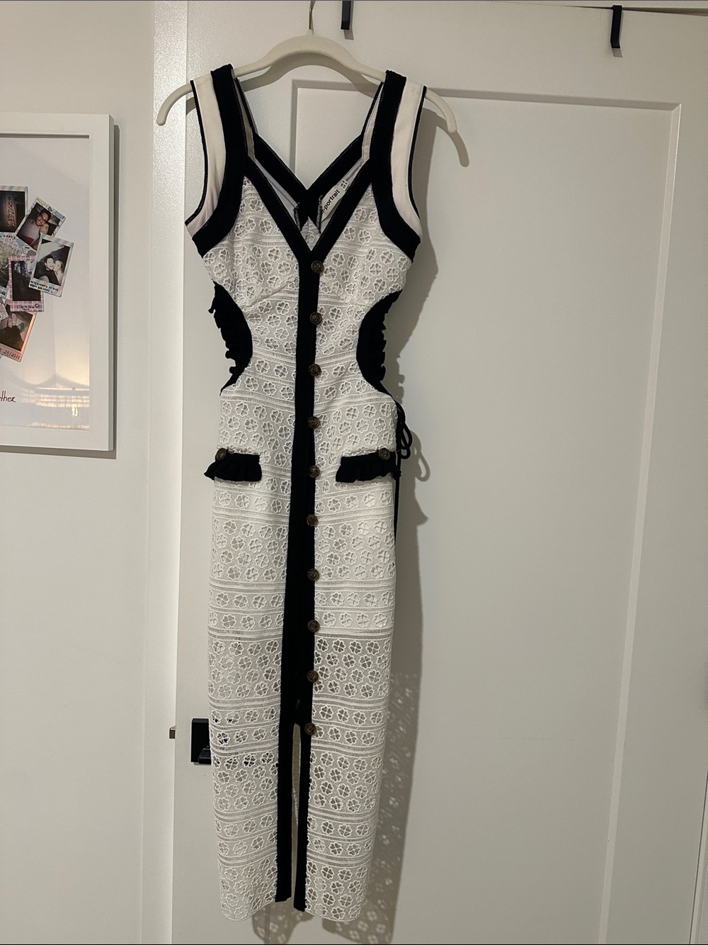 Self-Portrait White Crochet Maxi Dress with Black Trim